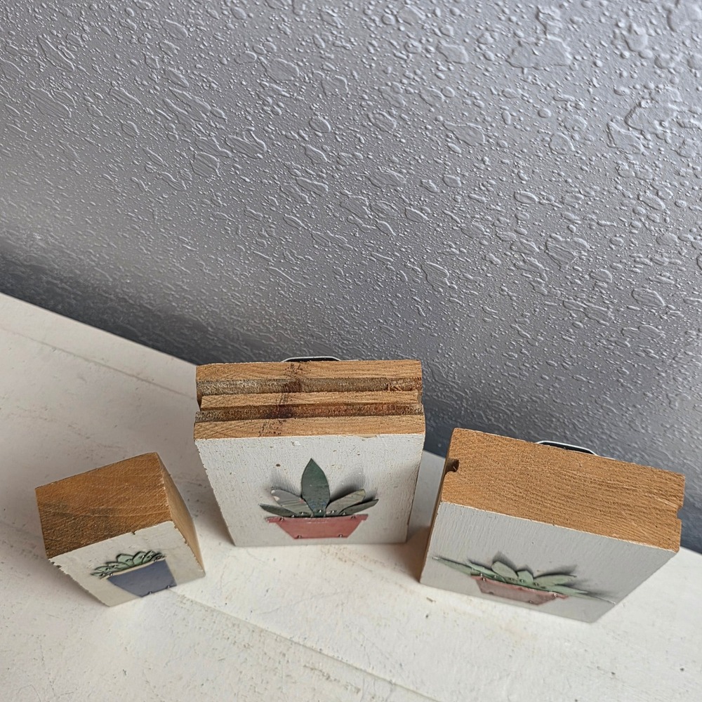 Handmade Rustic Wood Metal Succulent Cactus Wall Art Block Set of 3 Multicolor - Picture 5 of 7